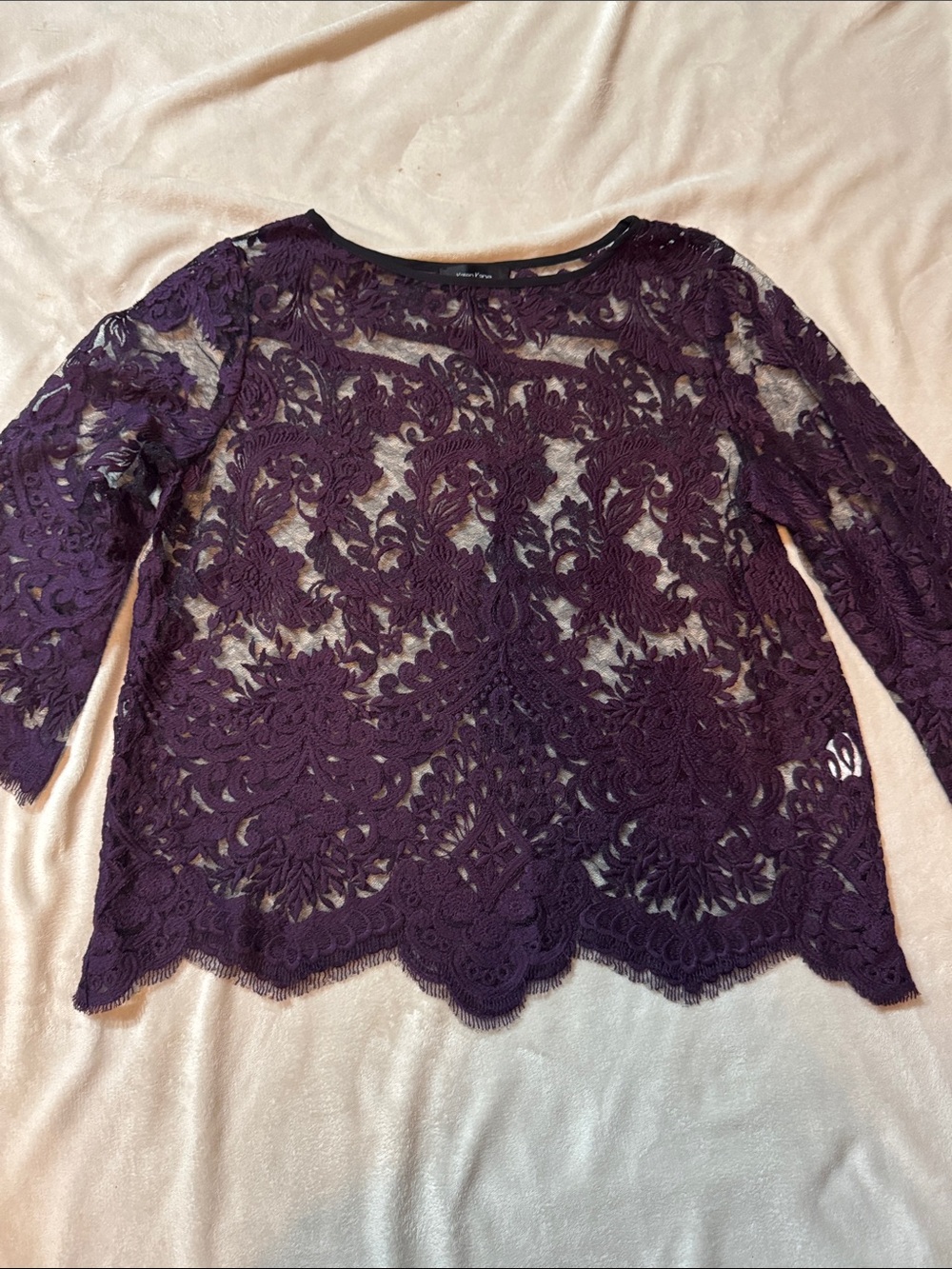 Karen Kane Deep Plum Lace Semi-Sheer Long Sleeve Top